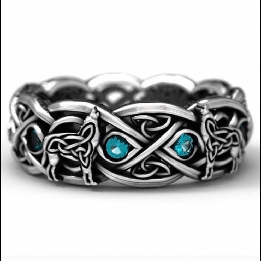 925 Sterling Silver Blue Topaz Celtic Tribal Wolf Ring